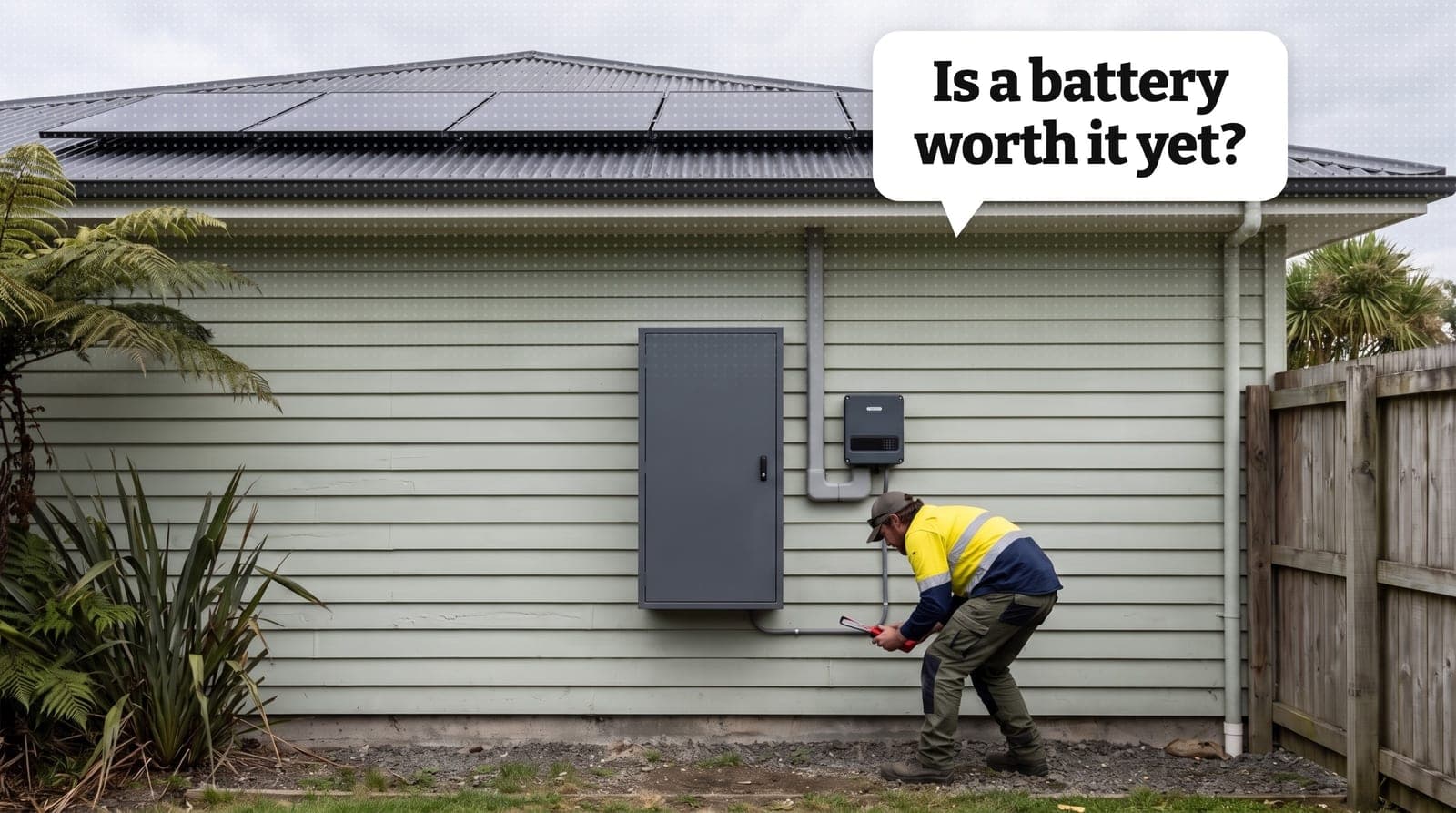 A wall-mounted home battery and inverter in the garage of a New Zealand weatherboard house, switchboard beside it, late afternoon light