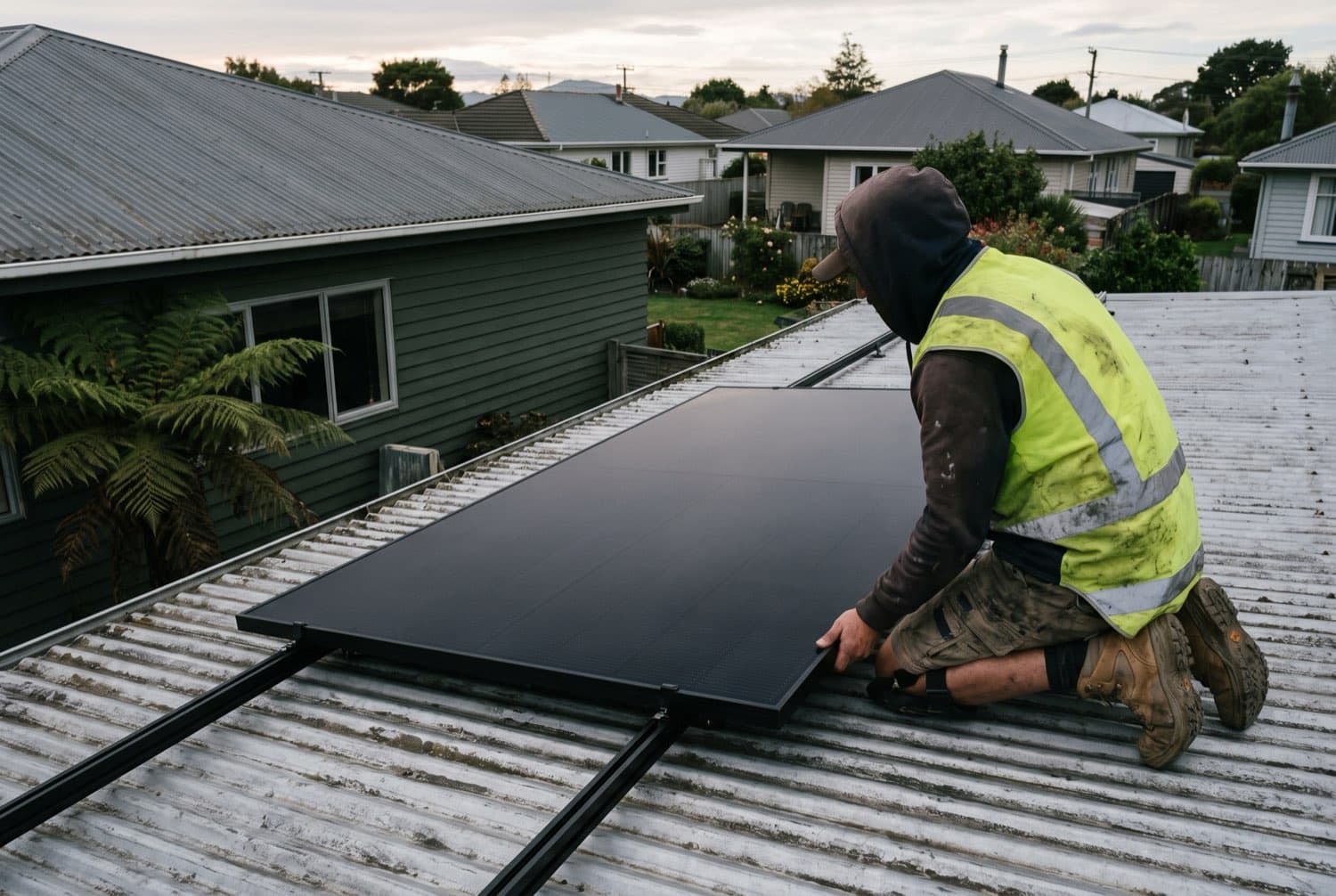 An installer in a hi-vis vest fitting an all-black solar array to a corrugated longrun steel roof on a New Zealand house