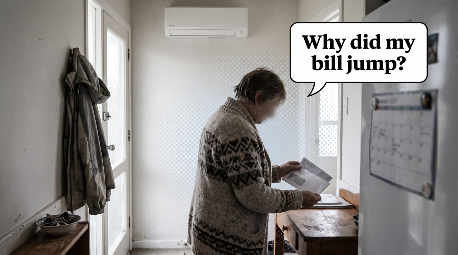 A New Zealand power bill on a kitchen bench beside a calculator and a mug, with the daily fixed charge line highlighted