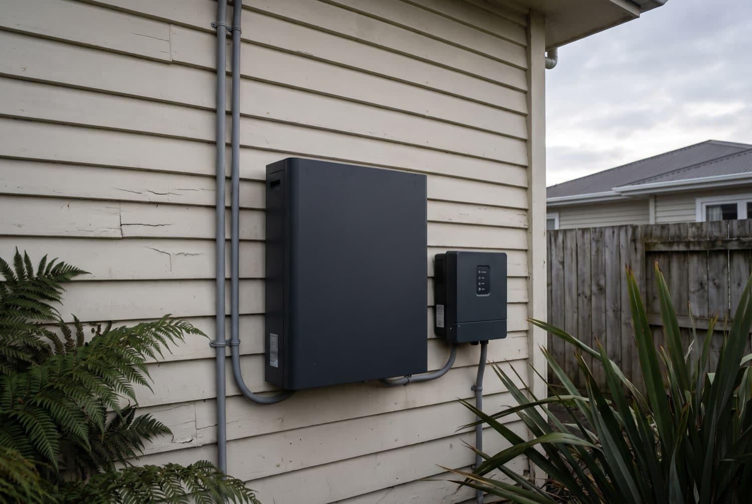 A wall-mounted home battery unit and inverter fixed to the weatherboard exterior of a suburban New Zealand house
