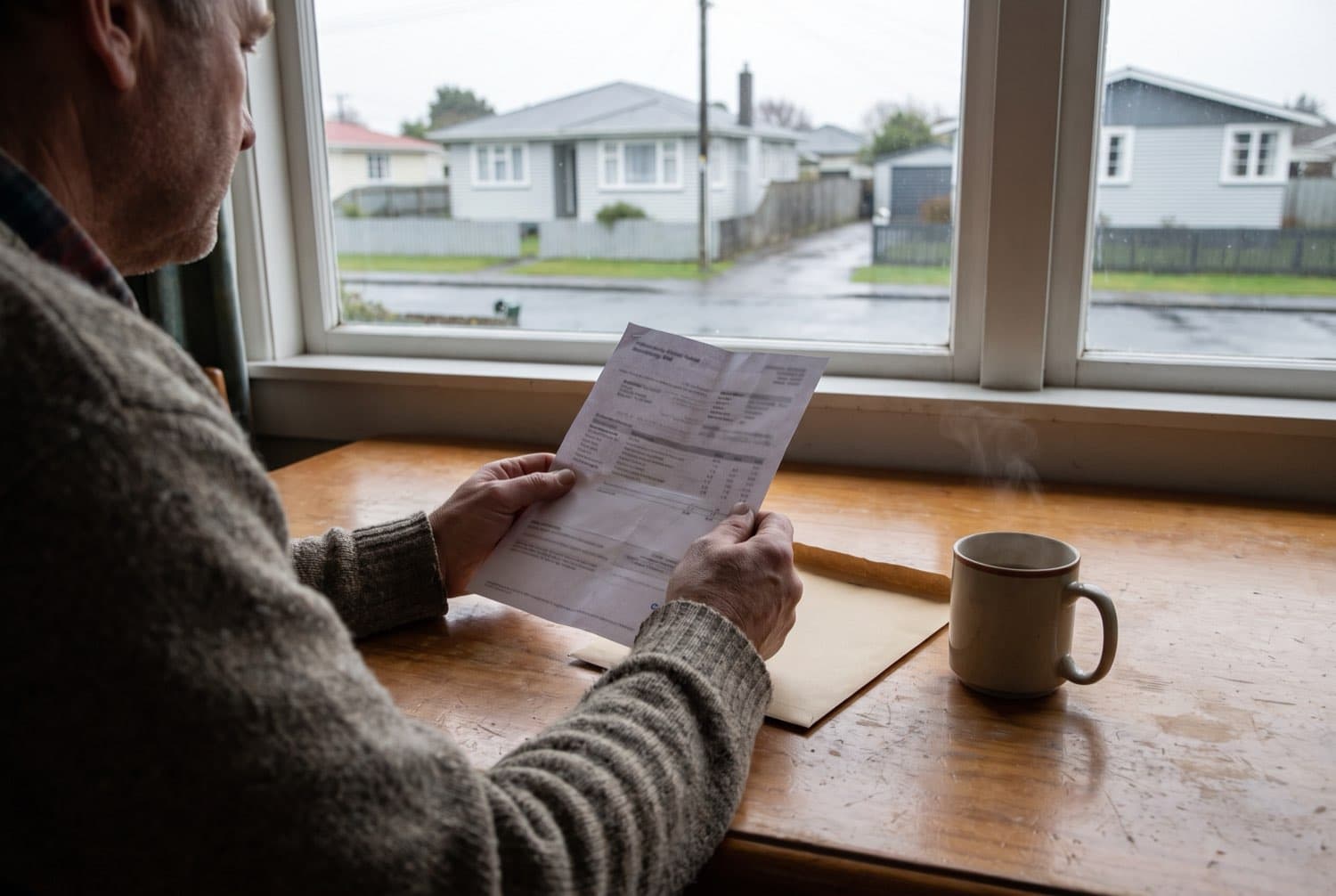 A person's hands holding a printed electricity bill at a kitchen table in an ordinary New Zealand home