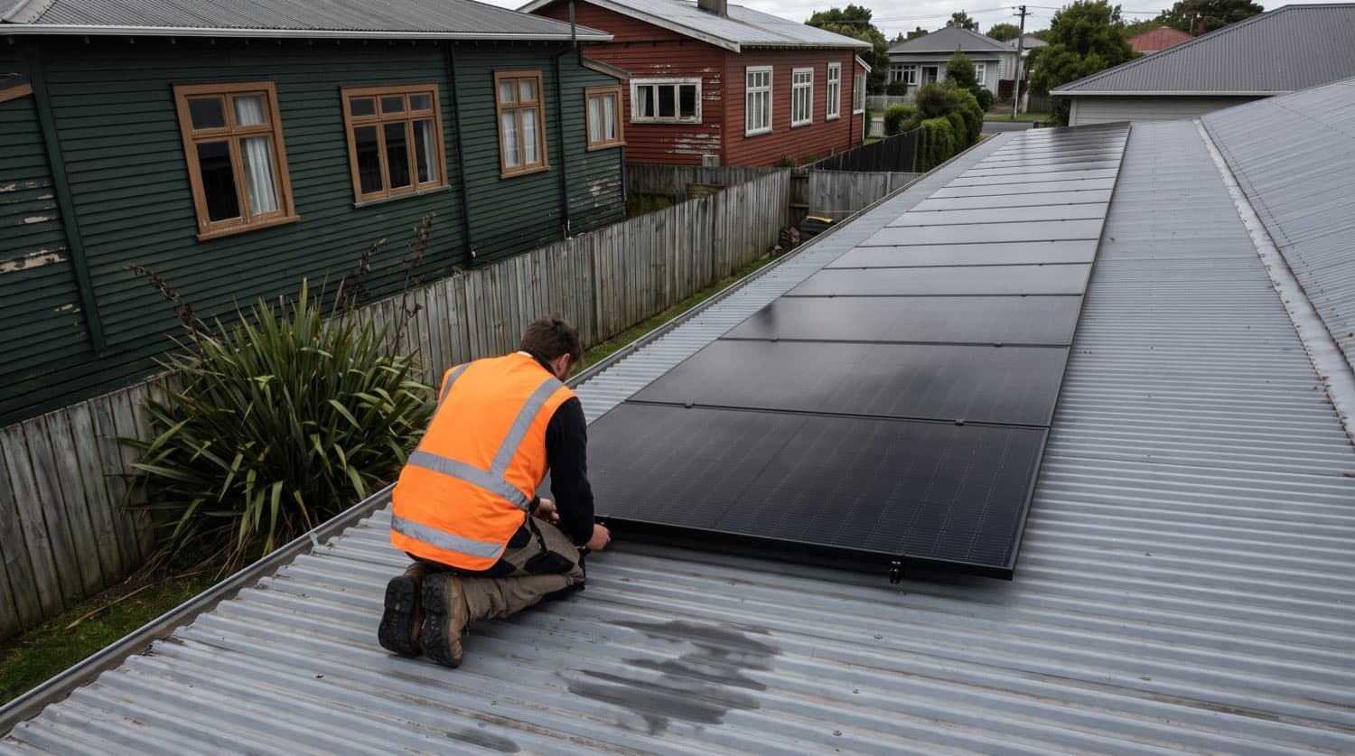 An installer in a hi-vis vest fitting all-black solar panels to a corrugated steel roof.