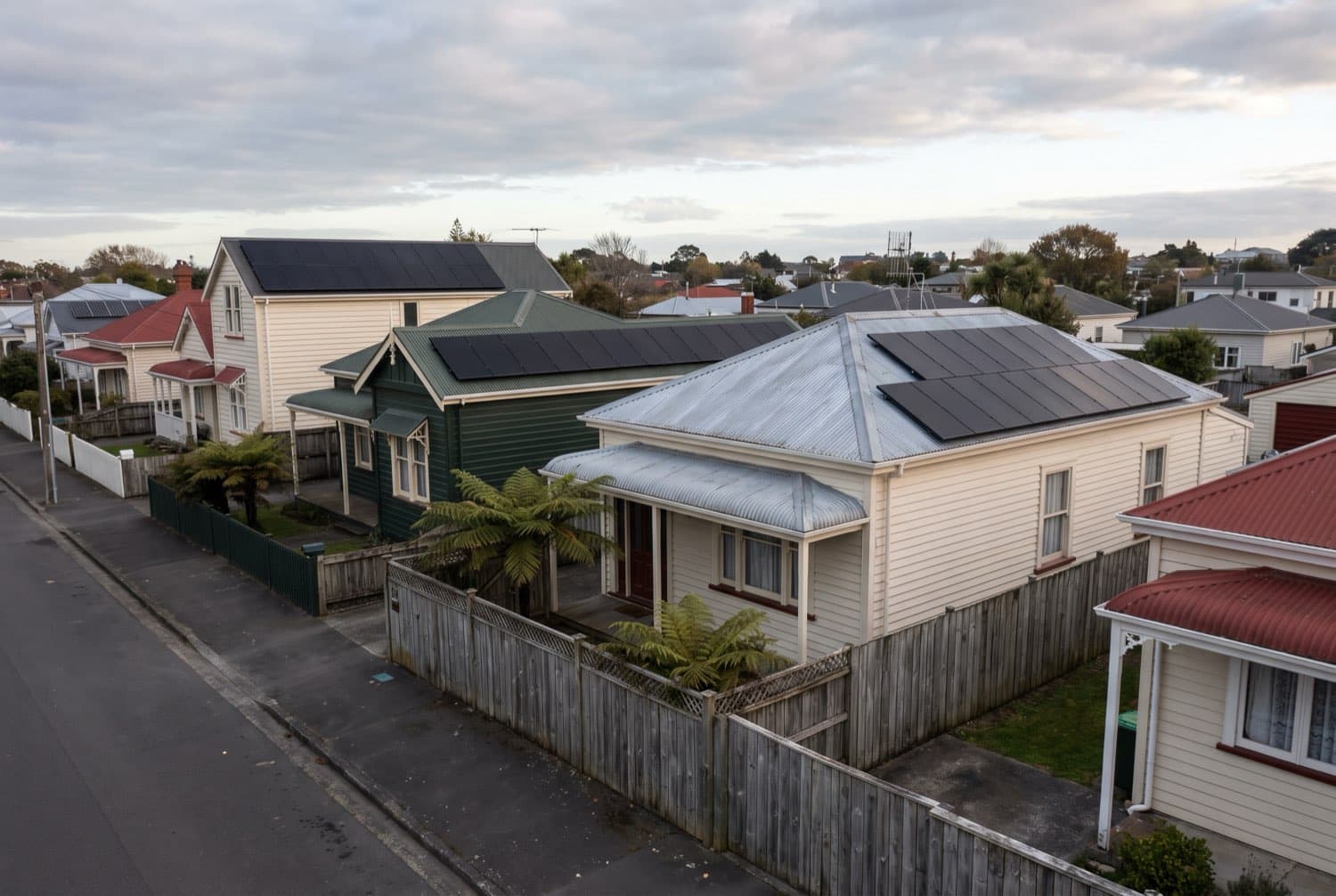 A suburban New Zealand street of weatherboard houses, several with all-black rooftop solar panels, under overcast light