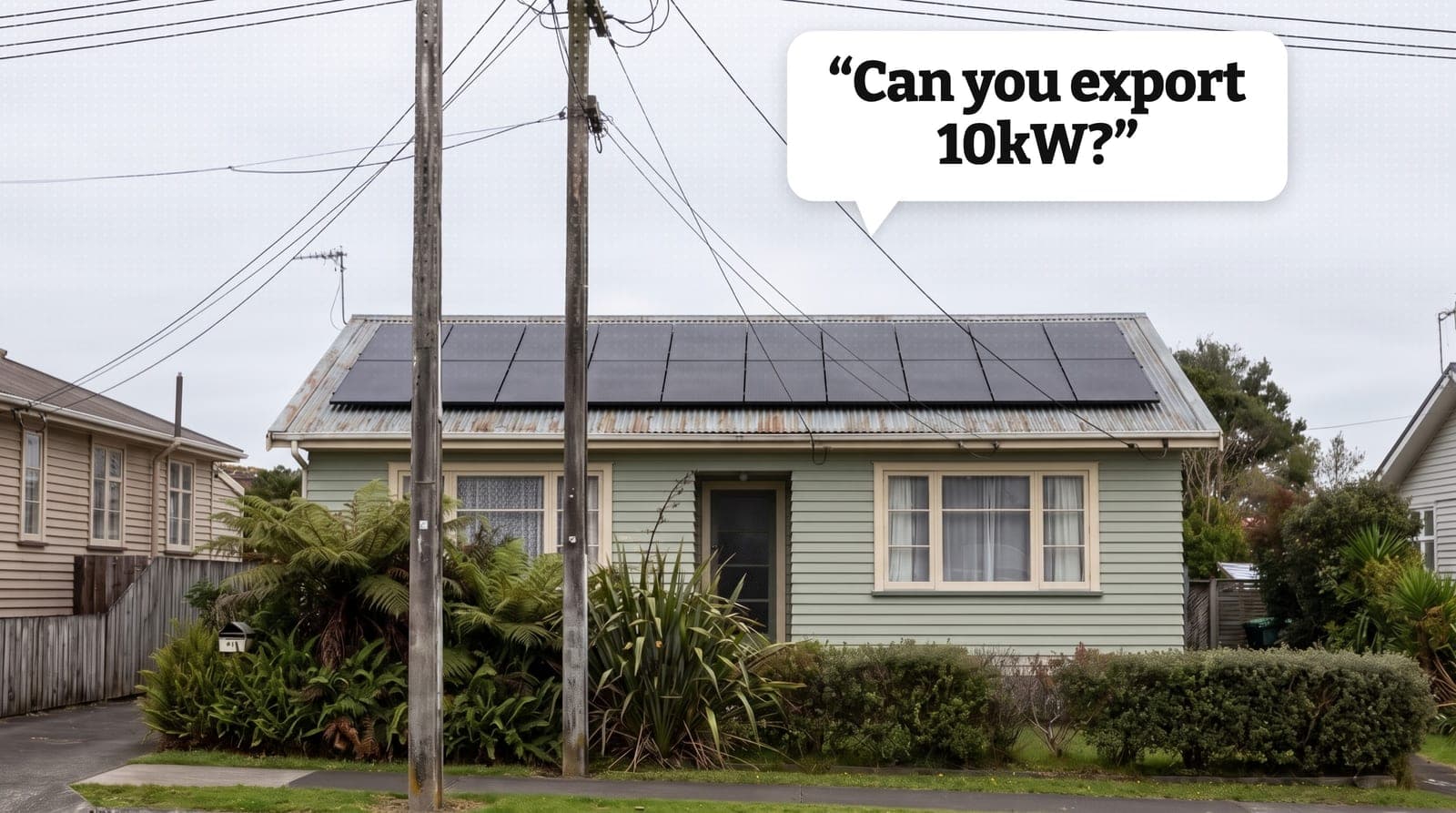 A single-phase residential switchboard and export meter on the outside wall of a New Zealand weatherboard house, with rooftop solar panels visible above