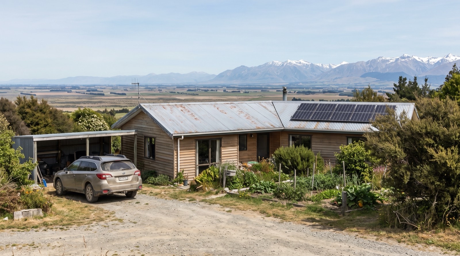 Solar panels on a Canterbury Plains weatherboard home with snow-capped Southern Alps in the distance