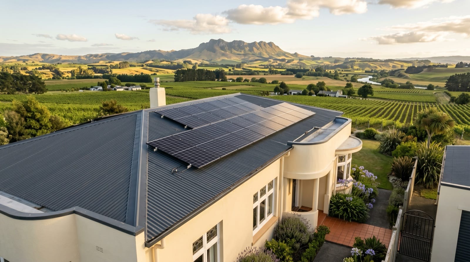 Solar panels on a Hawke's Bay home with rolling vineyards and Te Mata Peak ridge behind