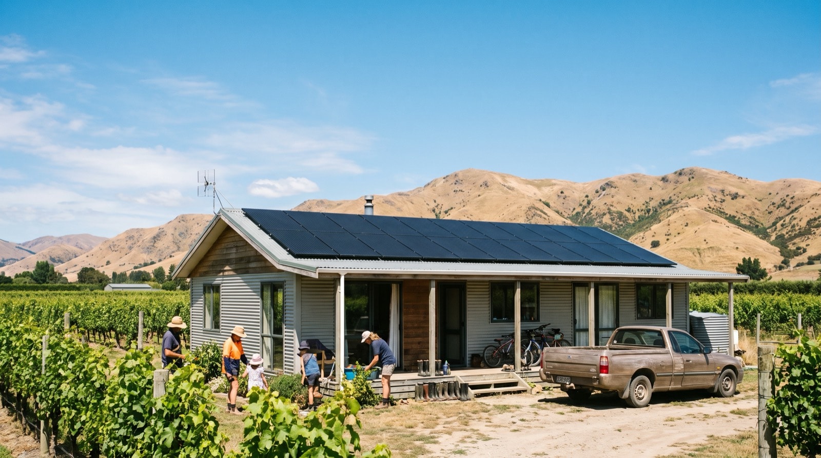 All-black solar panels on a dark-clad Marlborough country home surrounded by vineyard rows, with the dry golden Wither Hills behind under a clear blue Blenheim sky