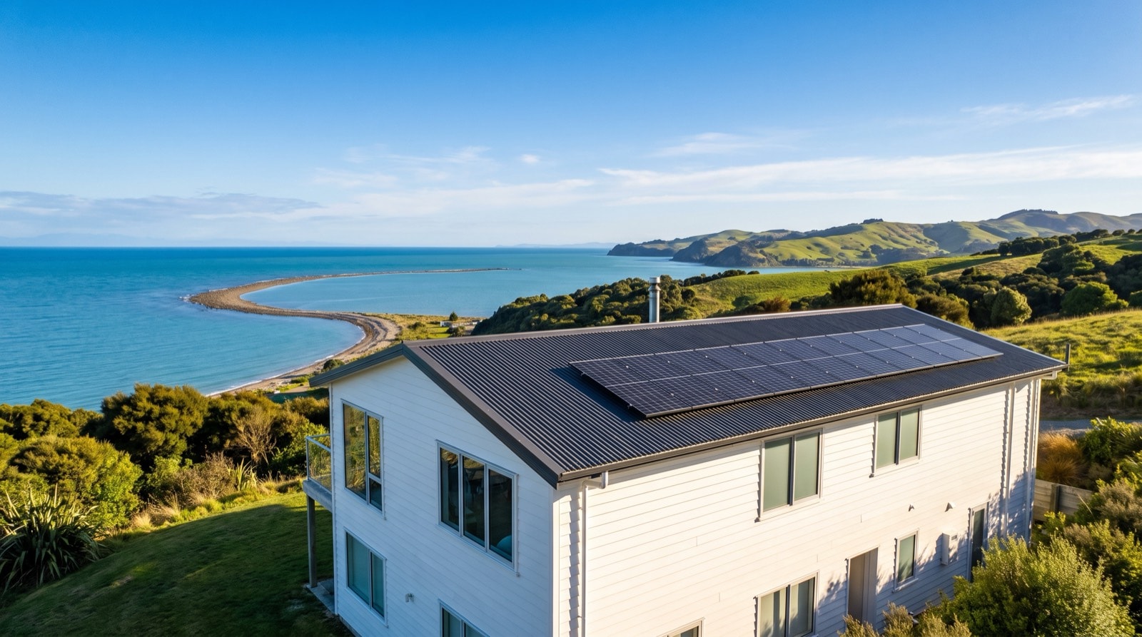 All-black solar panels on a white weatherboard home above Nelson's Tasman Bay, with the curved Boulder Bank and sun-drenched green hills behind under a clear blue sky