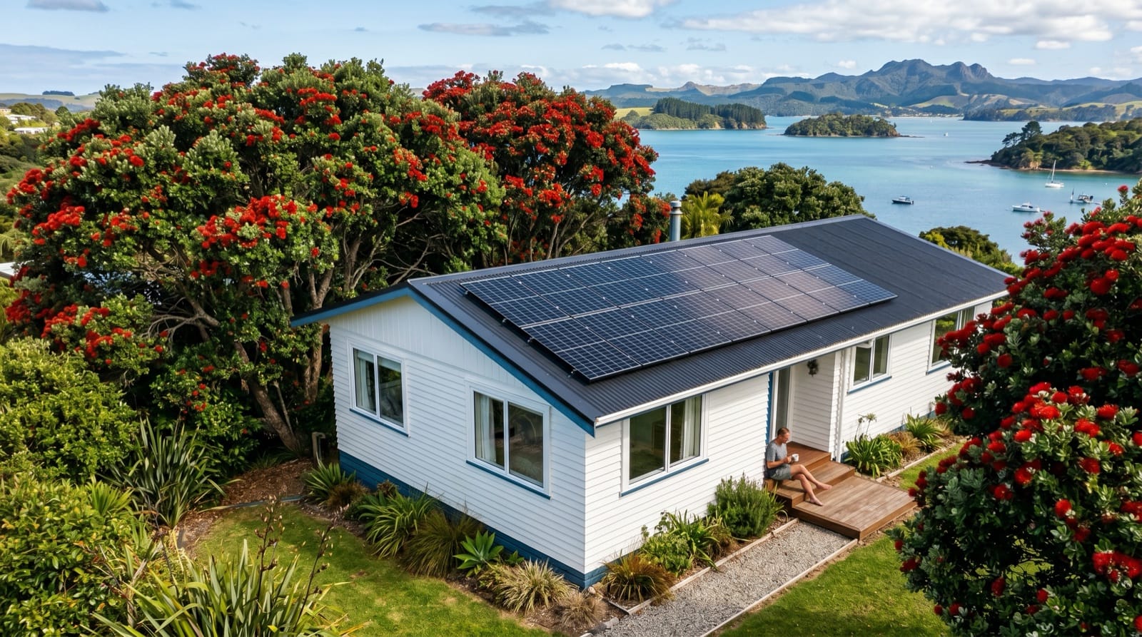 Solar panels on a Northland coastal weatherboard bach with red Pohutukawa trees in bloom and bay view