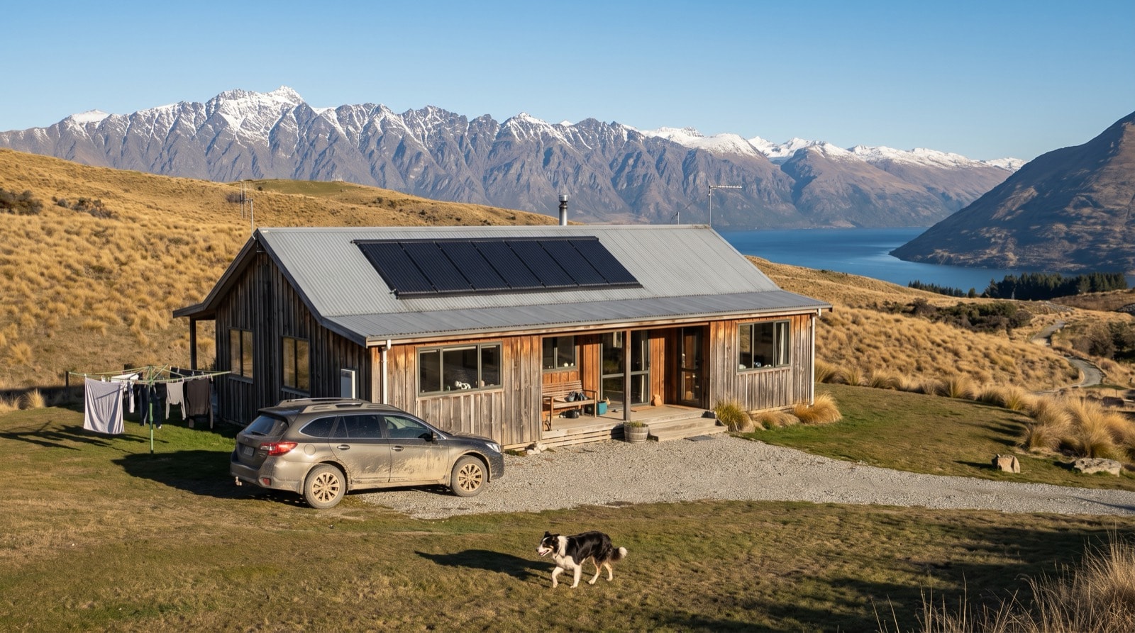All-black solar panels on a modern Queenstown-Lakes home with The Remarkables and Lake Wakatipu behind under a clear alpine sky