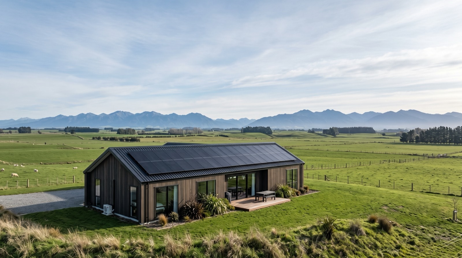 All-black solar panels on a Southland farmhouse with wide green plains, a big southern sky and the Takitimu ranges in the distance