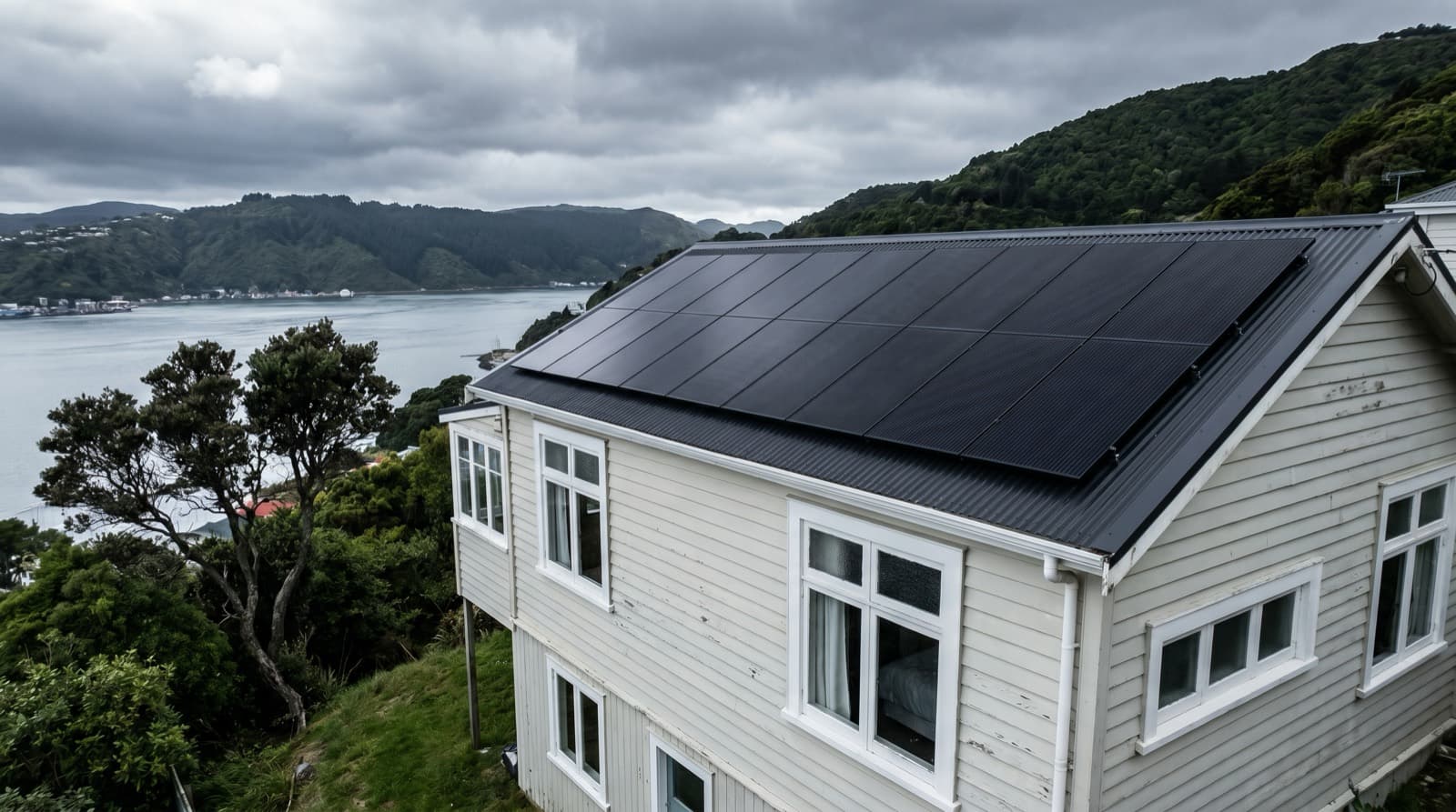 All-black solar panels on the charcoal steel roof of a Wellington hillside weatherboard home, with the harbour and bush-clad town belt under a moody southerly sky