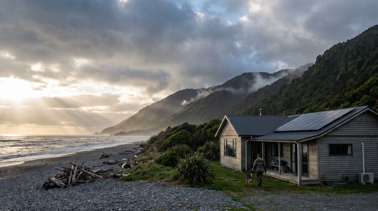 All-black solar panels on a West Coast timber home beside the wild Tasman Sea coastline, with bush-clad hills and dramatic clearing clouds behind