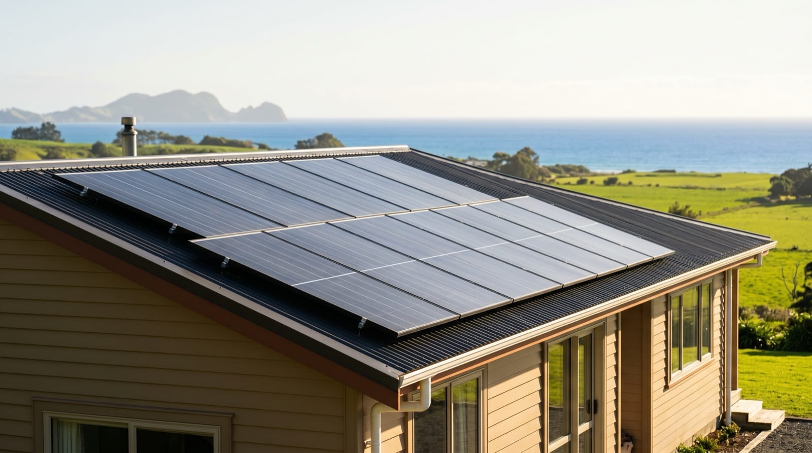 Solar panels on a Whakatane rural lifestyle block home with sunny eastern Bay of Plenty coastline behind